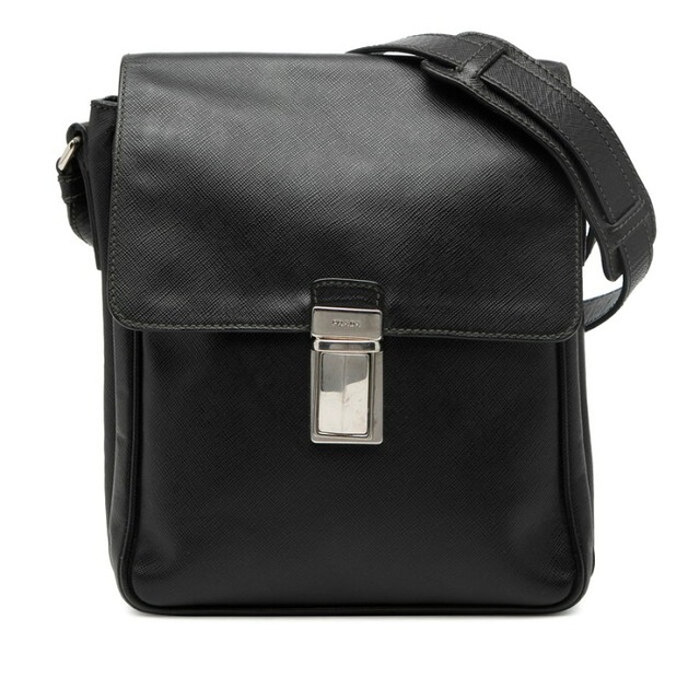 プラダ ロゴ ショルダーバッグ ブラック サフィアーノレザー レディース PRADA 【中古】
