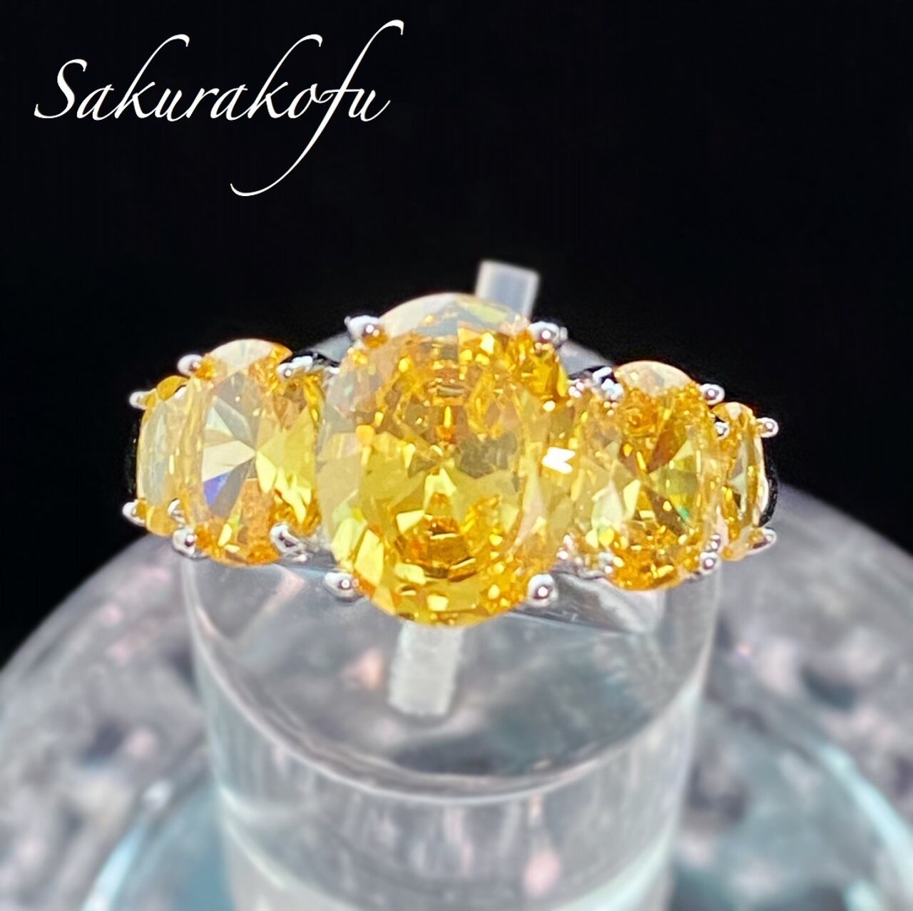 D061 レディース 指輪 清楚系 シトリン 5粒並んだ シルバーリング