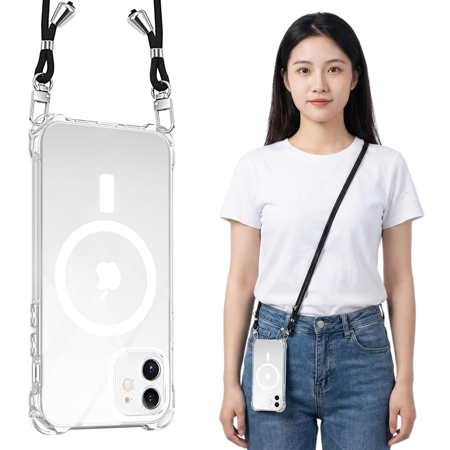 MagSafe対応 iPhone 12 用 ケース クリア ストラップ ショルダー マグネット搭載 HILEGENERアイフォン12 カバー 肩掛け 斜めかけ 縄掛けケース【ブラック縄掛け付き】 カメラレンズ保護 紐付き 斜めがけ 織りスト ネックストラップ ショルダー ケース 縦/横 2WAY 長さ調整可能 取り外し可能 落下防止 紛失防止 ワイヤレス充電対応 (あいほん12-クリア)