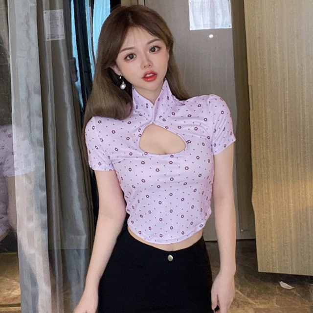 スタンダードショートフローラルウェストTシャツ トップス レトロ 花柄 ハンチェンe13670436105