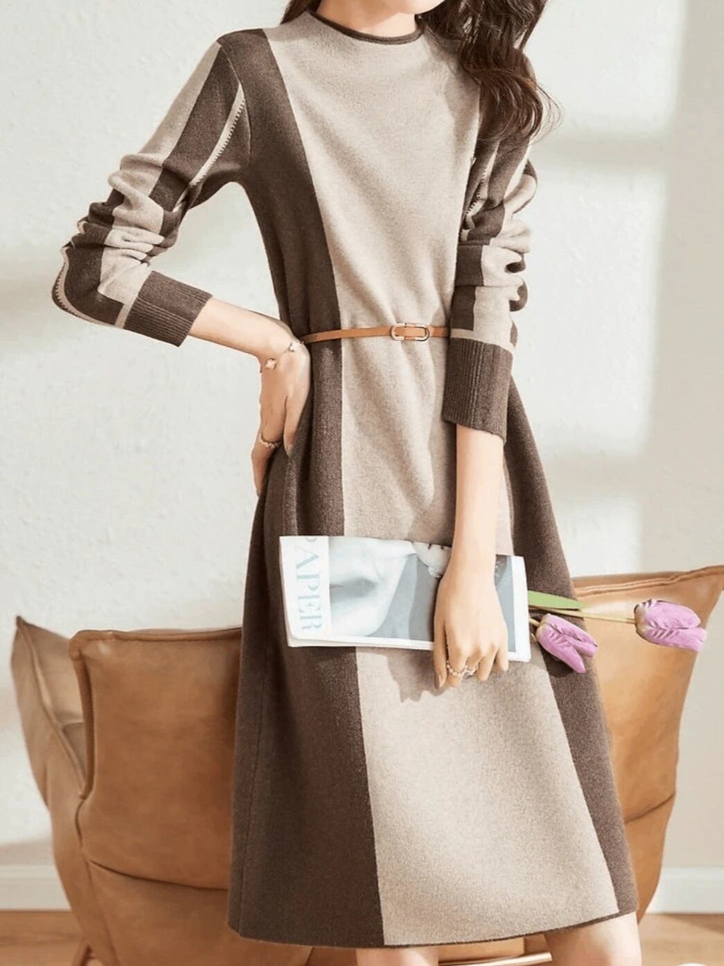 Brown and beige two-tone knit onepiece L0599