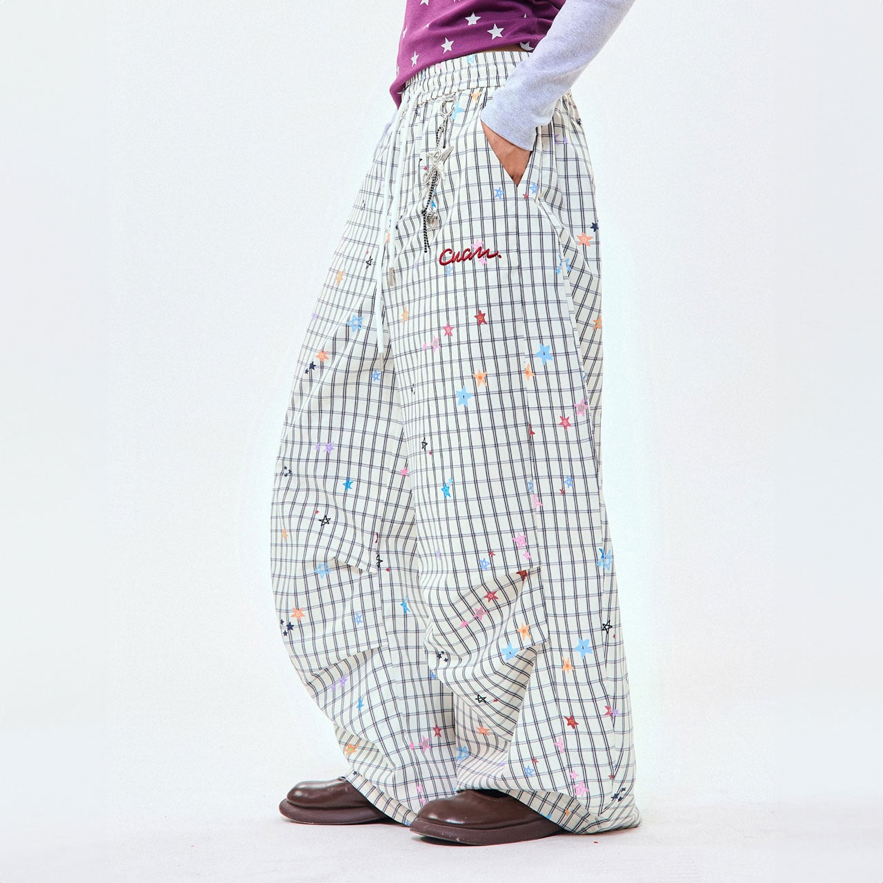 チェックスタープリントワイドパンツ R00868
