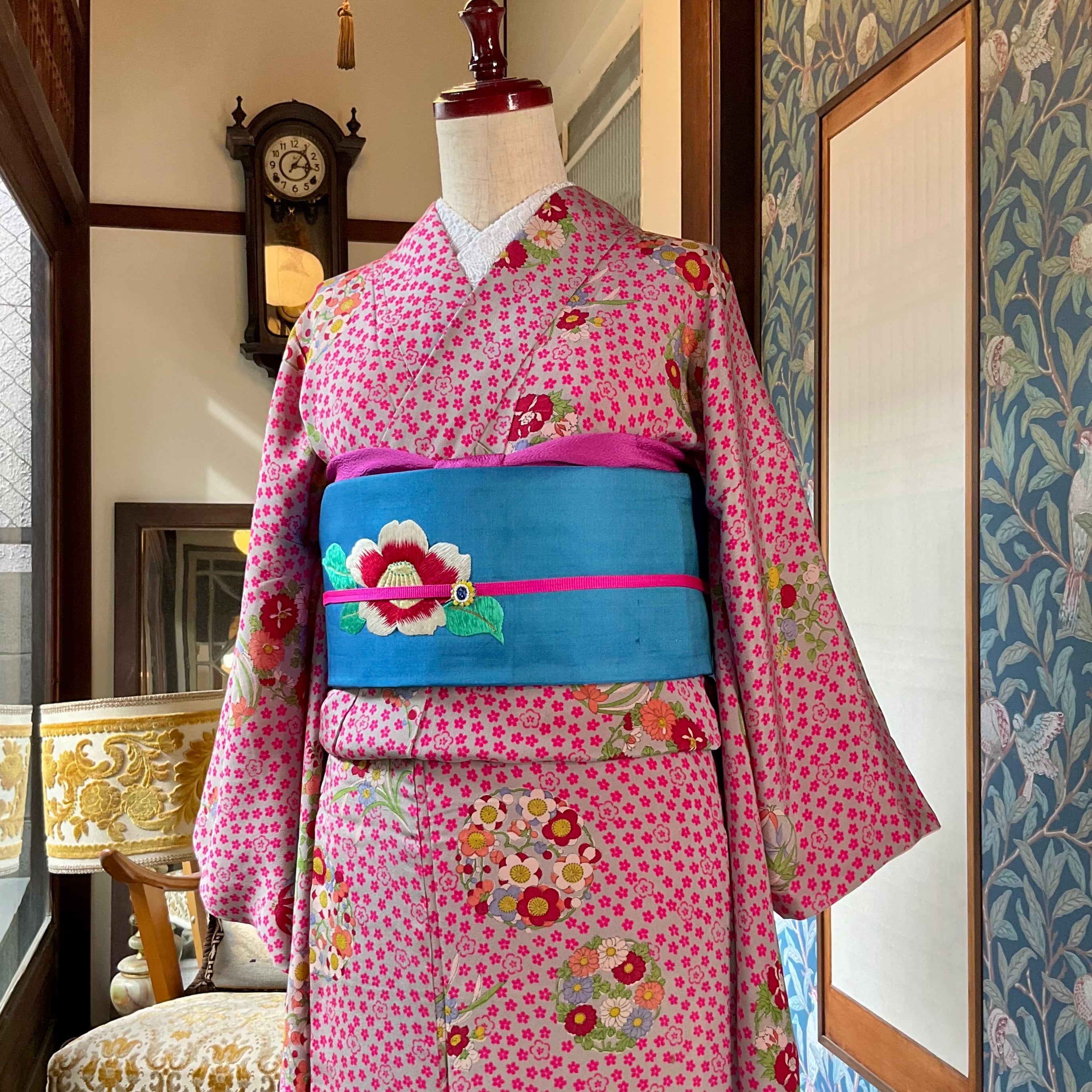 ツバキ浪漫＊椿 雲取り 刺繍 繻子 ブルー 青 花 アンティーク名古屋帯