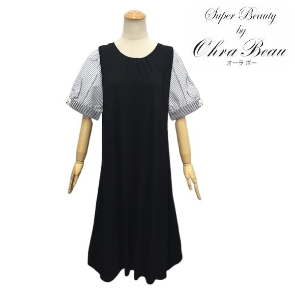 スーパービューティー ワンピース 袖ストライプ ジャージ素材 2516049 ブラック 2025年春夏 オーラボー Super Beauty 大人かわいい服 大人スタイル キレイメ レディース アパレル 女性 M L LL 30代 40代 50代 60代