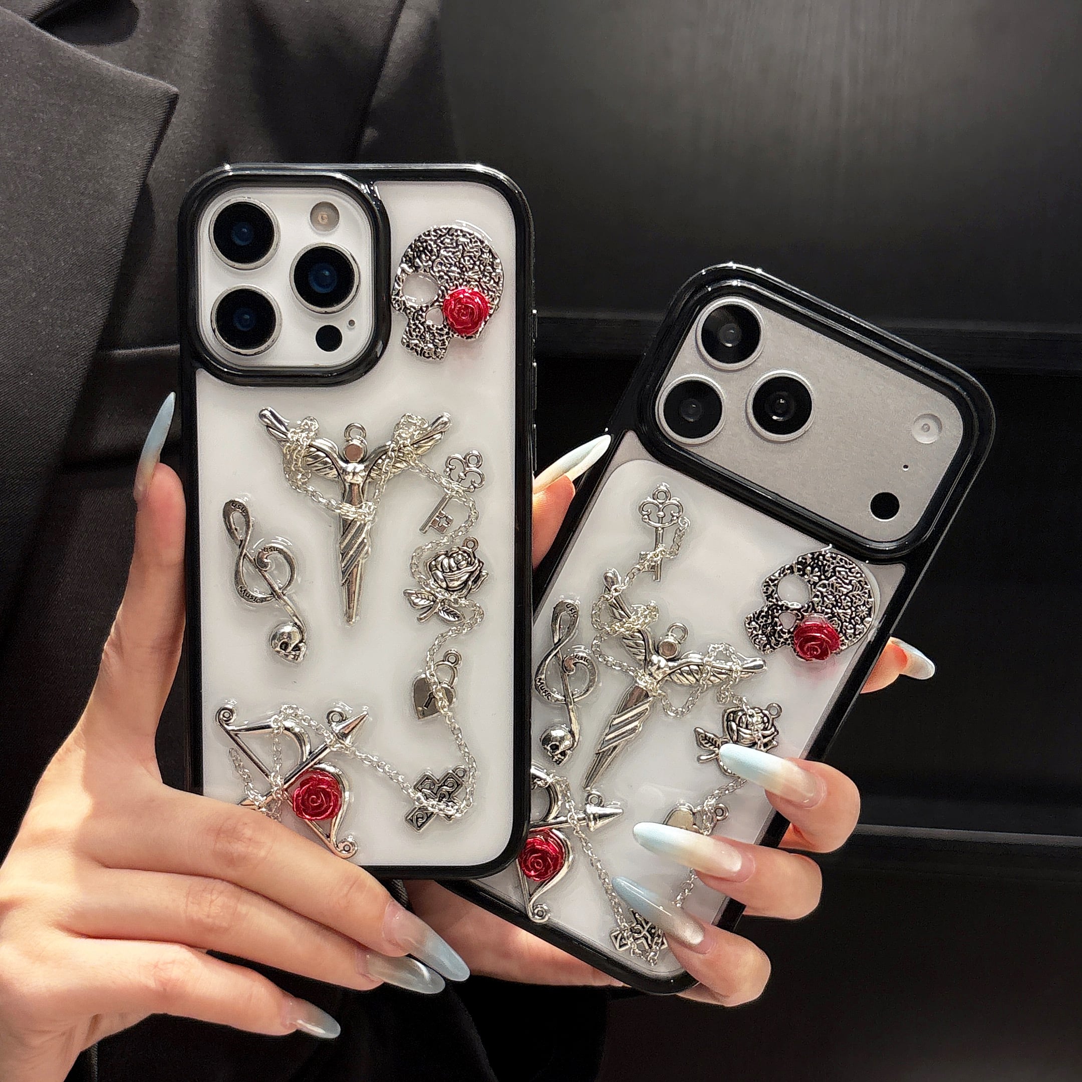 ローズ スカル iPhone 17 16 15 14 13 12 ケース クリア 堕天使