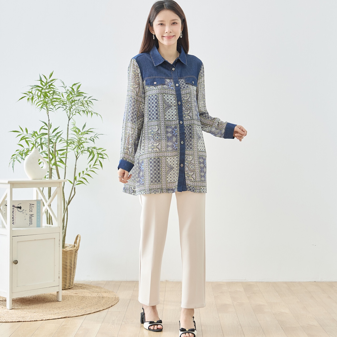 TRUBE エスニックパッチワーク総柄デニム襟ヨーク切替ロングシャツ【M~L】グリーン