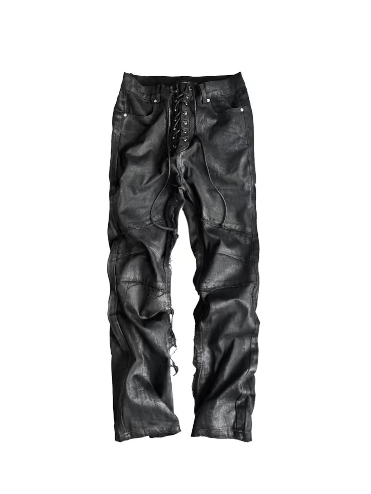 【CinderVein】Lace Up Waxed Coated Denim Pants
