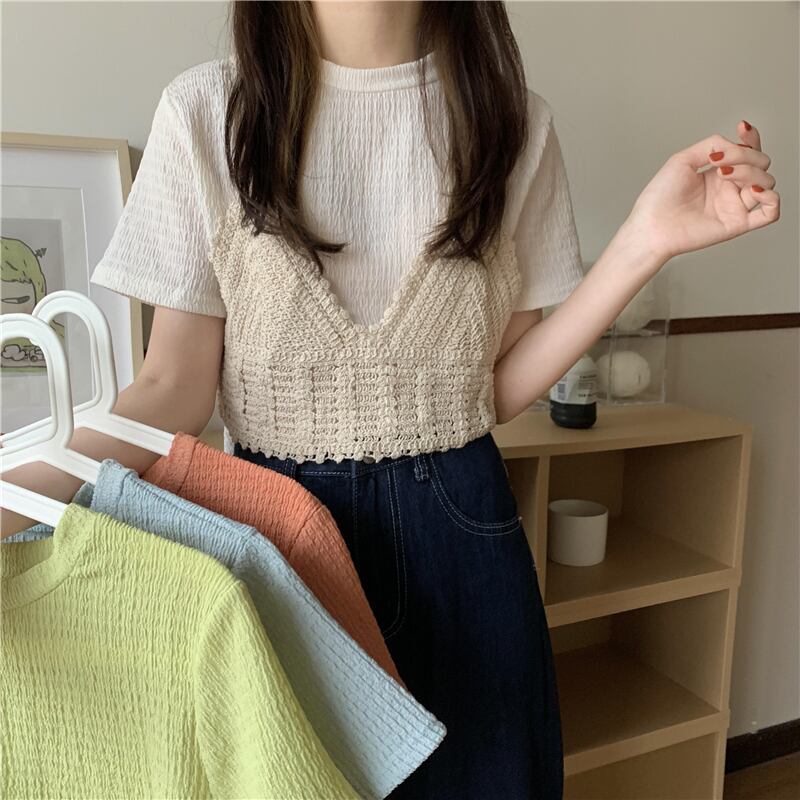 トップス 2点セット レイヤード 重ね着 Tシャツ ビスチェ ガーリー きれいめ カジュアル 大人可愛い 韓国ファッション Luluca 韓国トレンドファッションluluca ルルカ