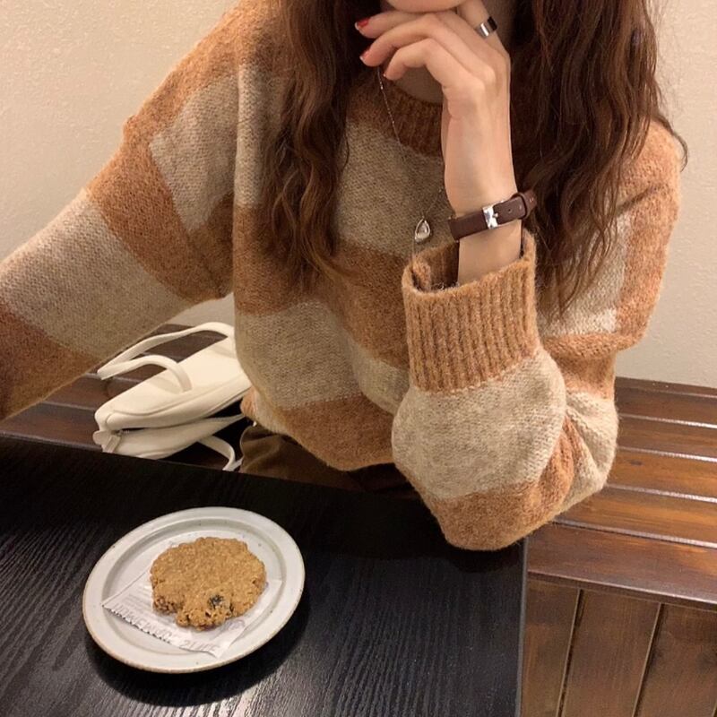 ストライプセーター レディースラウンドネックプルオーバー トップス ウィンター 冬物 Oネック ビッグFスモールZ韓国33189963975