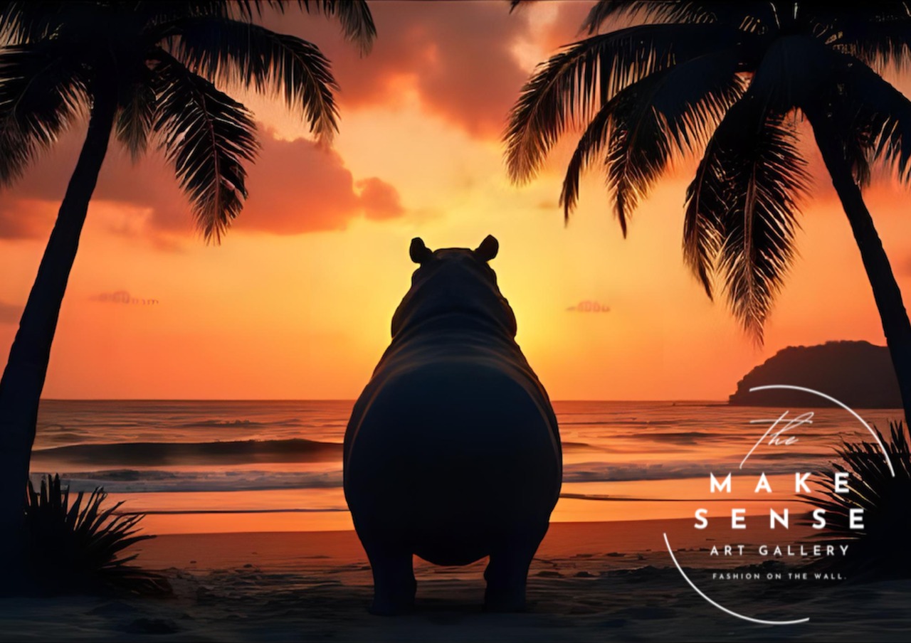 故郷を想うカバ｜夕焼けを見つめる癒しのカバアートポスター｜南国ビーチの優しい物語性を空間に｜A4ポスター