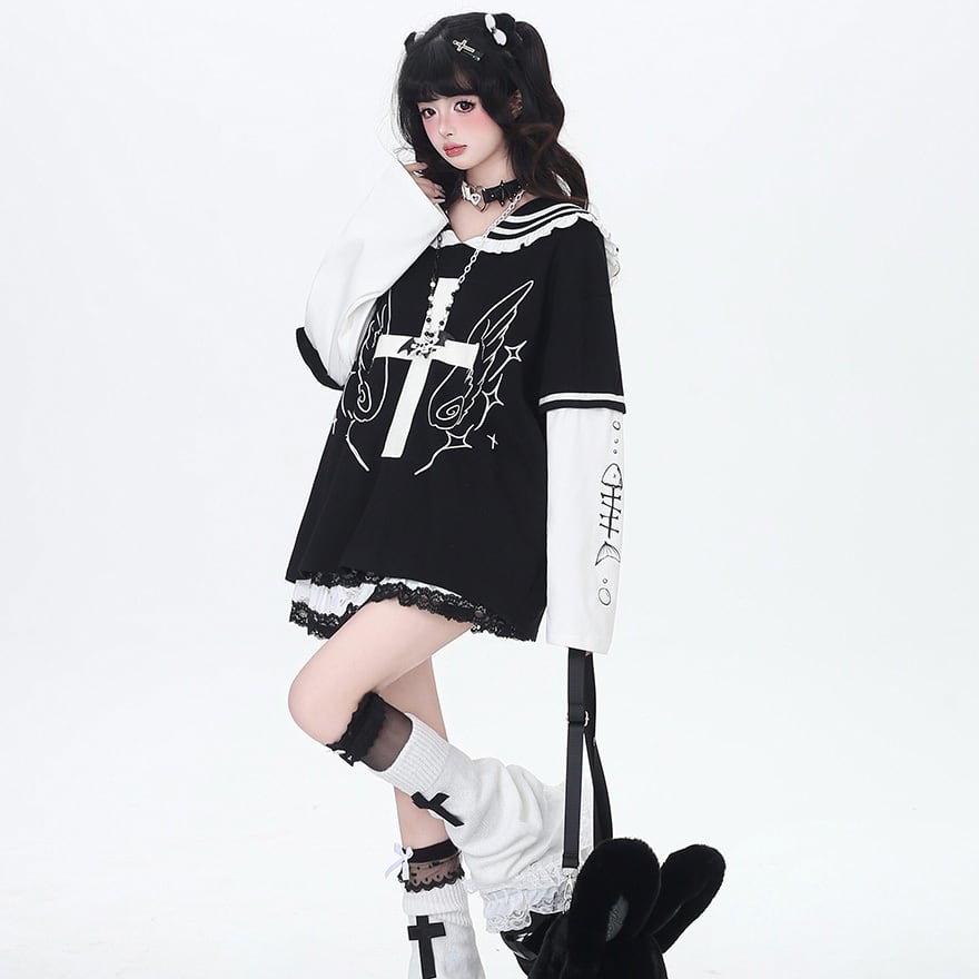 サブカル系 黒白セーラーシャツ フィッシュボーン袖 長袖半袖 ライブ