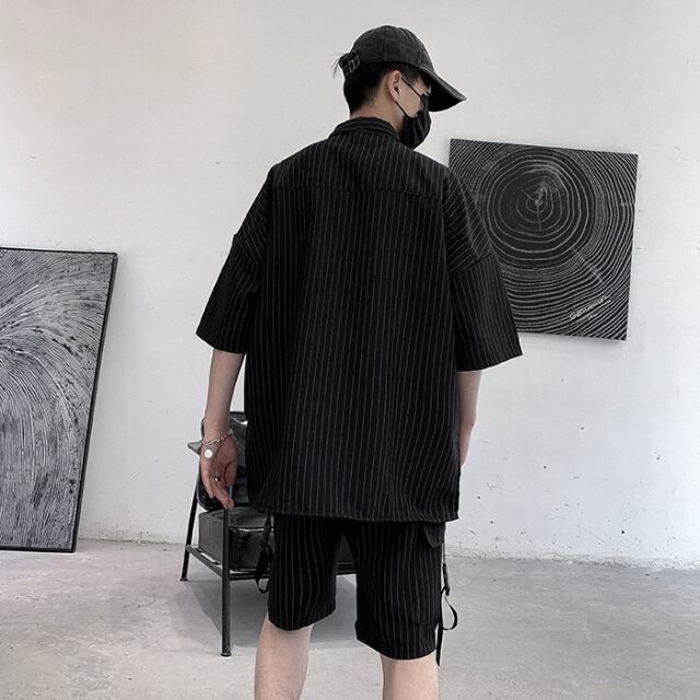 メンズ お洒落 セットアップ ハーフパンツ シャツ ストライプ 予約販売】メンズ セットアップ 上下 ストライプ柄 半袖シャツ