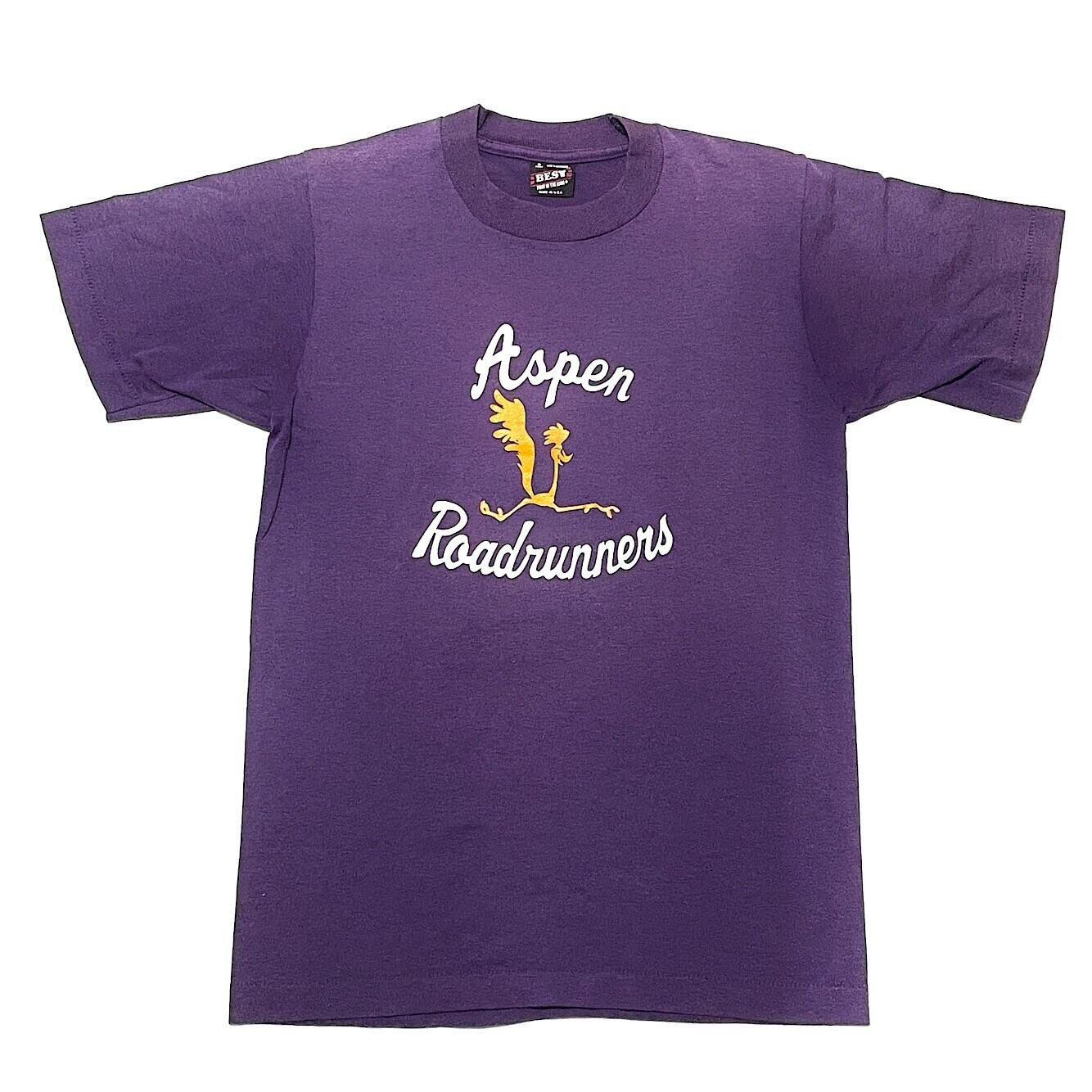 90s ビンテージ ロードランナー Tシャツ FRUITS OF THE LOOM BEST Roadrunners ワーナーブラザース  ワイリーコヨーテ(紫,Sサイズ)袖裾シングルステッチ