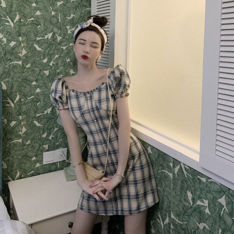 スプリングサマーウェストスリーブ格子柄ドレス スカート 大人ガーリー スウィート キュート カジュアル 春物 夏物 スクウェア ドラファッションホール48798331617