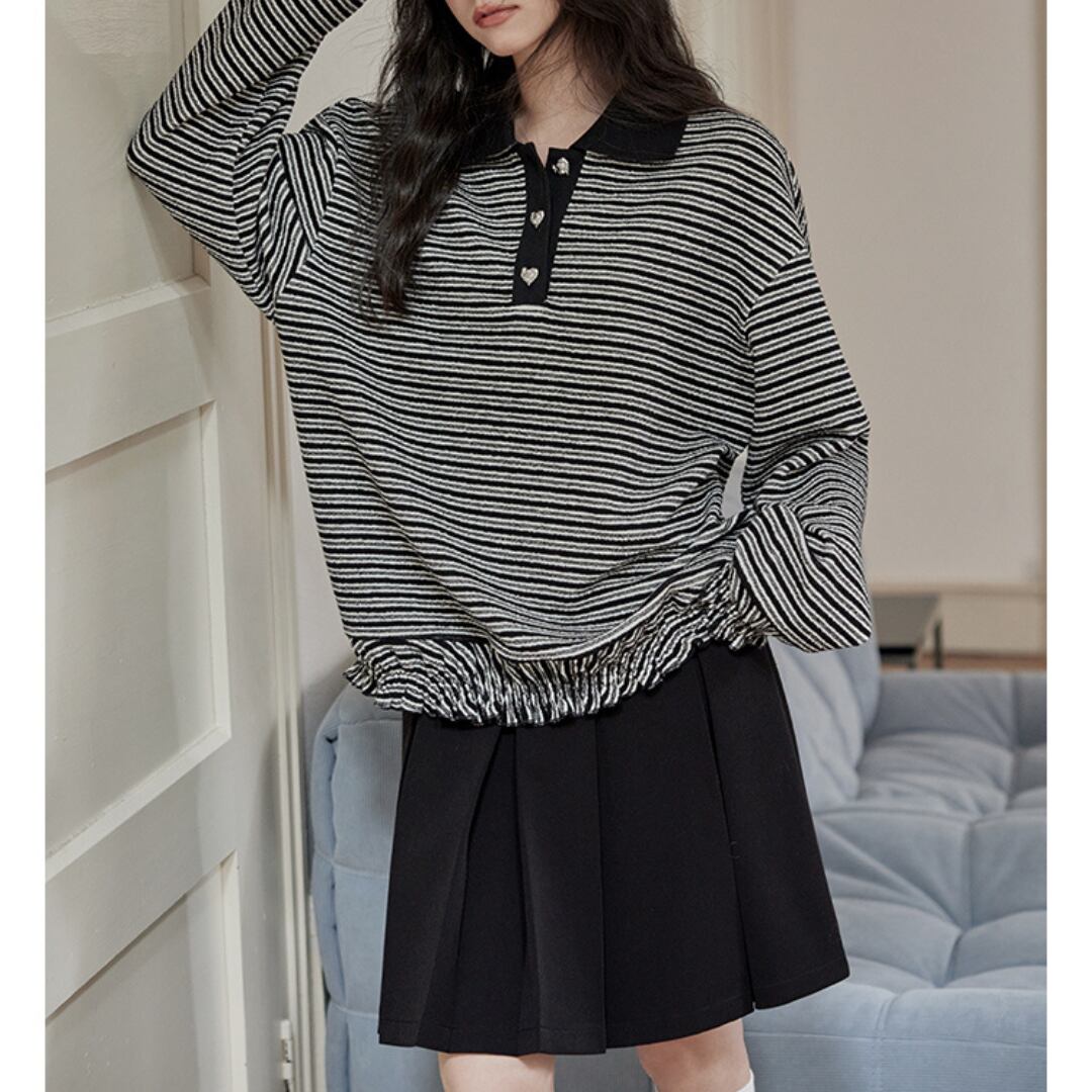 striped casual loose ttop polo shirt