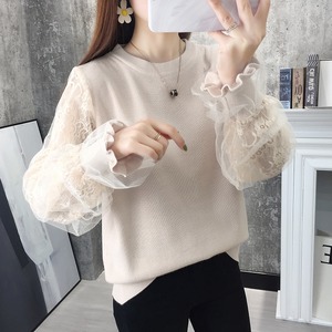 トップス レディース 送料無料 4色 ニット ブラウス シャツ クルーネック ドッキング レース 切り替え バイカラー キャンディースリーブ 長袖 キャンディースリーブ 襟なし シフォンレース シアー単色 透け感 こなれ感 抜け感 ガーリー かわいい 可愛い 涼し 通気性 キュート 上品 エレガント きれいめ ラブリー 女の子 お洒落 おしゃれ 春 春服 夏 夏服 10代 20代 デート おでかけ モテ 女子会 普段使い 着回し 重ね着 韓国系 カーキ グレー ブラック アプリコット S M L XL