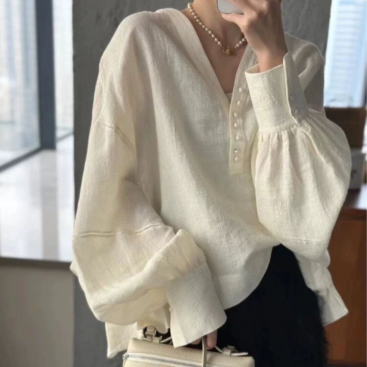 リネンVネックバルーンスリーブシャツ 00007