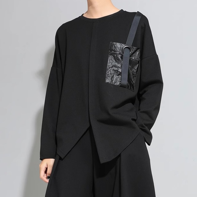 レディース トップス ロンT プルオーバー Tシャツ 襟なし ワイド アシンメトリー スリット ポケット かわいい 大人可愛い きれいめ シンプル カジュアル おしゃれ かっこいい レトロ エキゾチック こなれ感 ラフ ルーズ 個性的 クール モード系 モダン 主役級 存在感 とろみ感 抜け感 ラブリー キュート 都会的 アクティブ ワイルド 無地 春 デート お出かけ 休日 ショッピング カフェ フェス ツーリング コーデ 楽ちん 体型カバー 普段使い 流行 インスタ映え M L XL ゆる ブラック