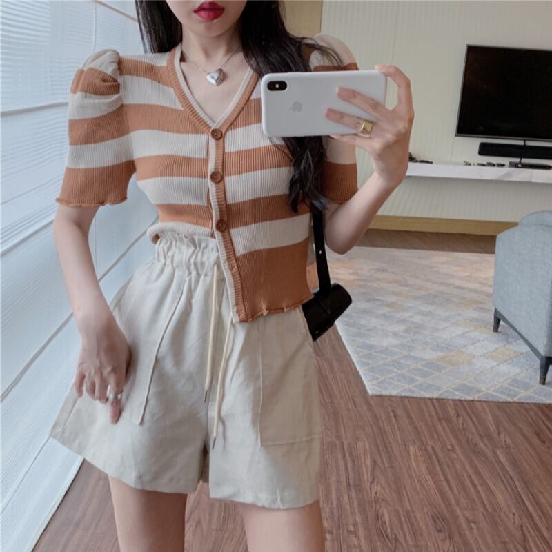 スタイルVネックカラーストライプスリムニットカーディガンショートトップス ハンチェンe7022208365