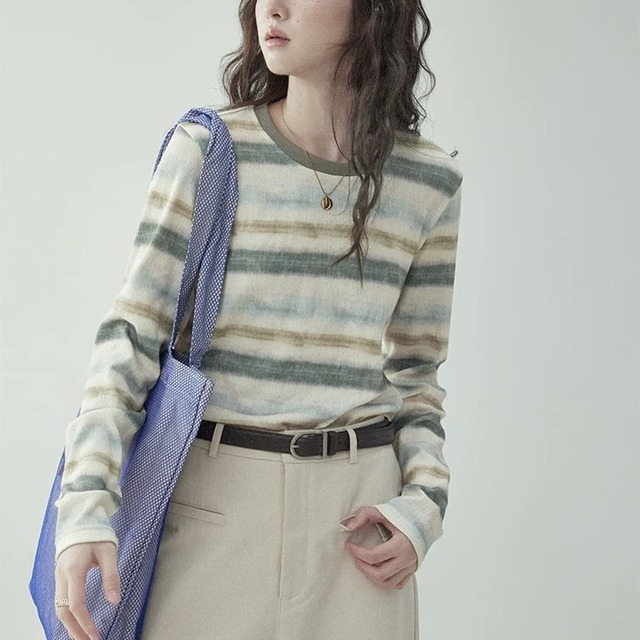 【カットソー】 カットソー レディース カットソー tシャツ 春 秋 冬 20代 30代 40代 長袖 レディース カットソー tシャツ カットソー トップス 大人 可愛い きれいめ ボーダー グリーン 緑 S M L