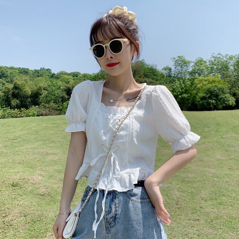 カラースリーブショートトップス ドレス サマーホワイト半袖シャツ ハーフスリーブ 夏物 スクウェア 試着室74259286032