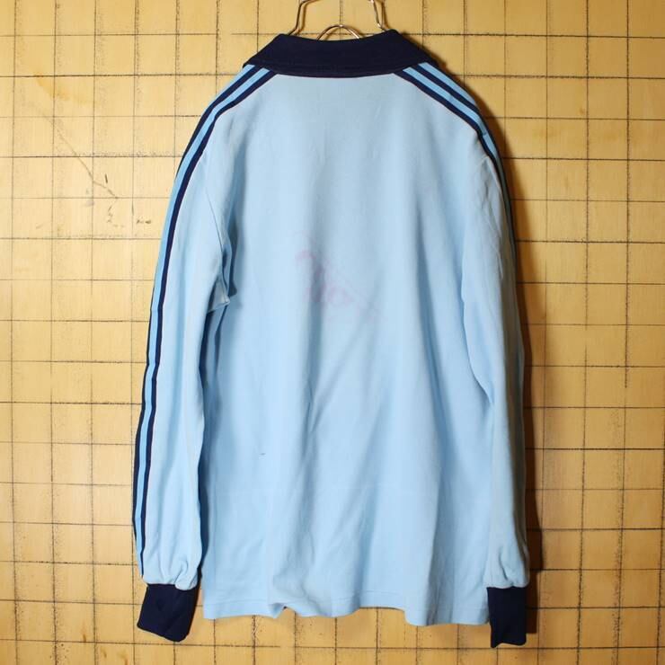 70s フランス製 adidas アディダス VENTEX サッカーシャツ ライトブルー メンズSM相当 ワンポイント ロンT ジャージ  ヨーロッパ古着　021021aw30