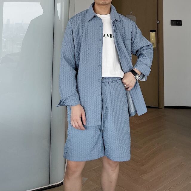 予約販売】メンズ セットアップ 上下 ハーフパンツ 長袖シャツ 無地