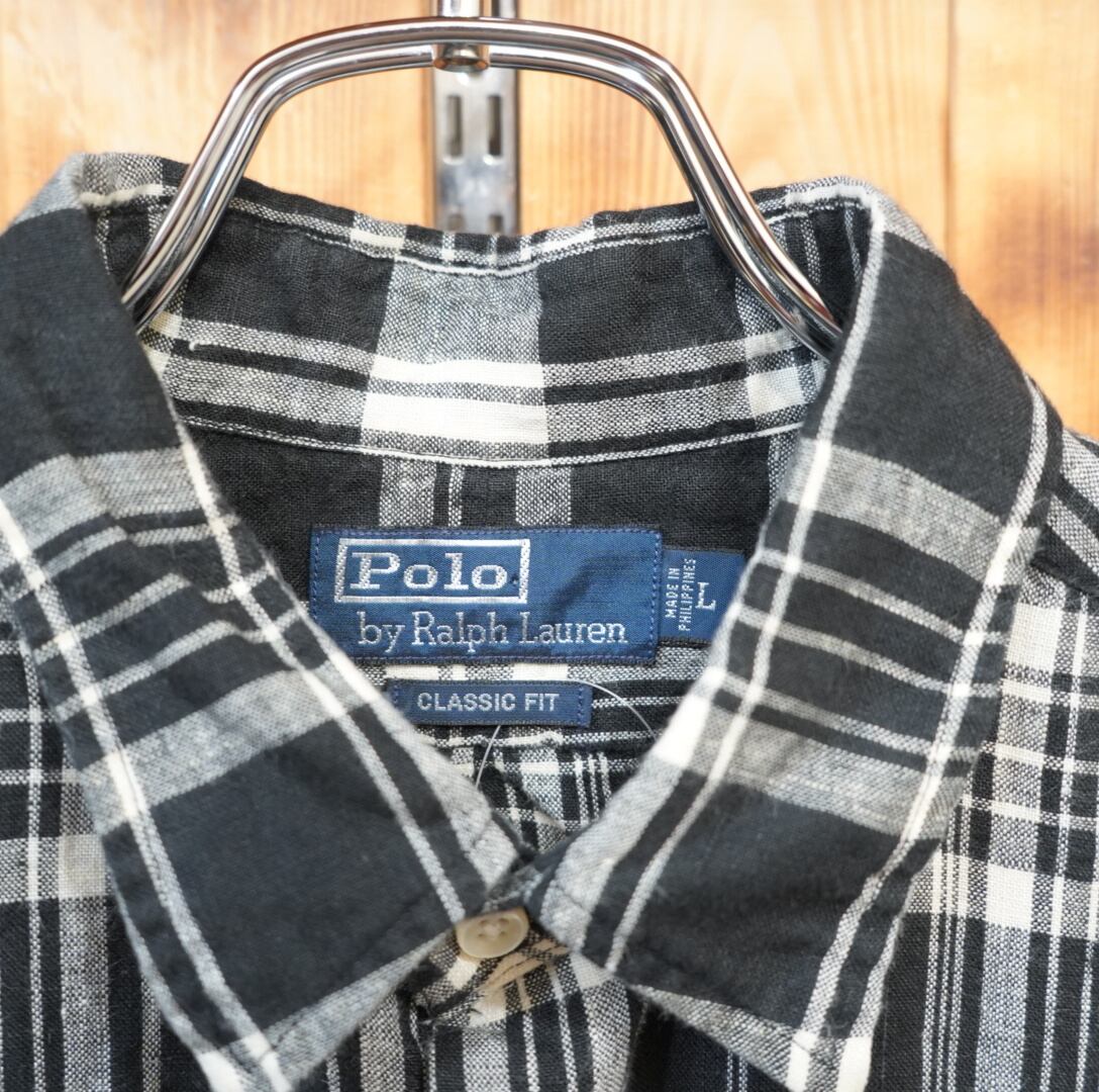 ralphlauren リネン100% 白黒 チェックシャツ L/classic fit ラルフ