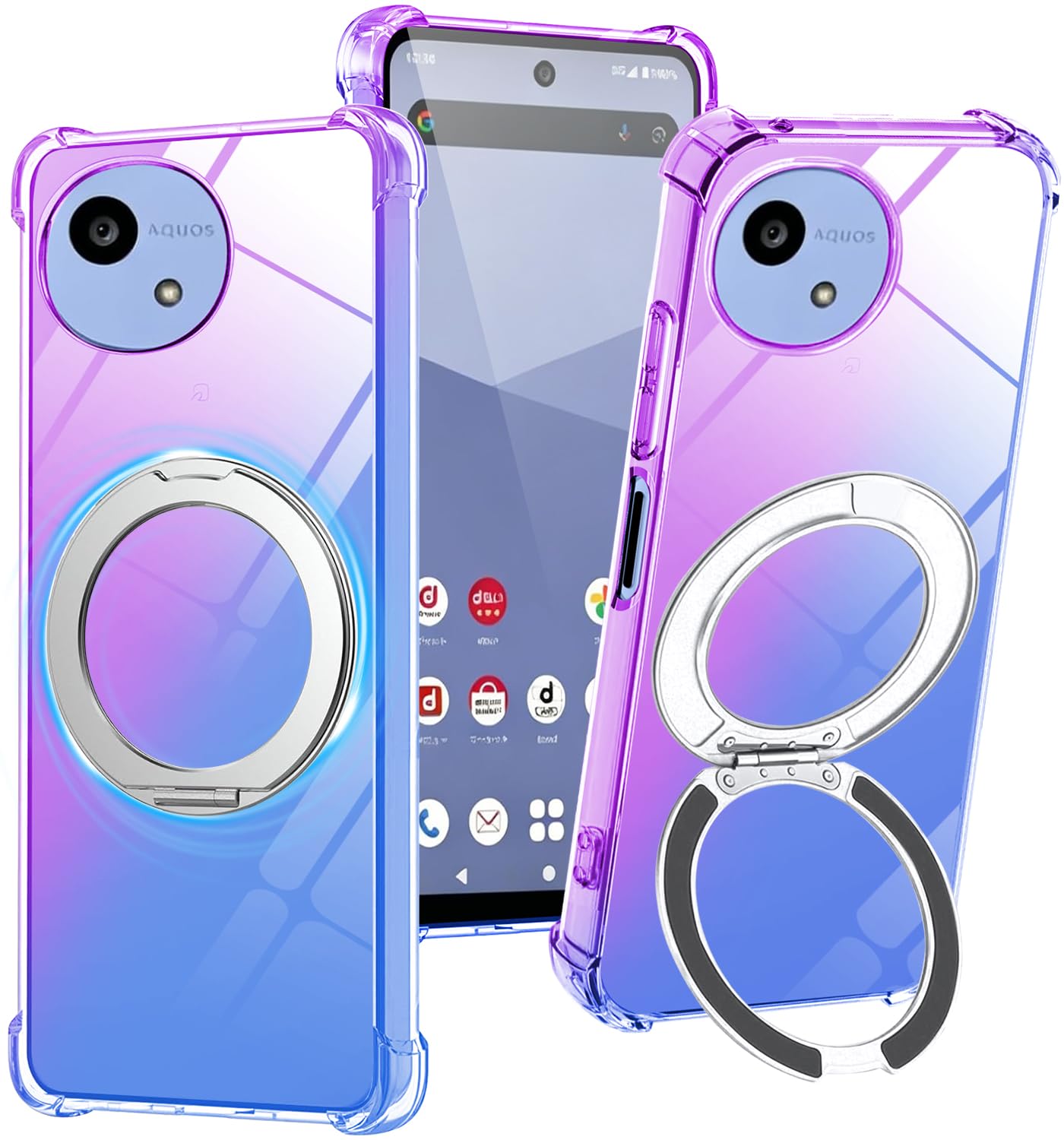 対応 Aquos Wish 6 ケース リング TPU 薄型 軽量シリコン(パープルブルー)