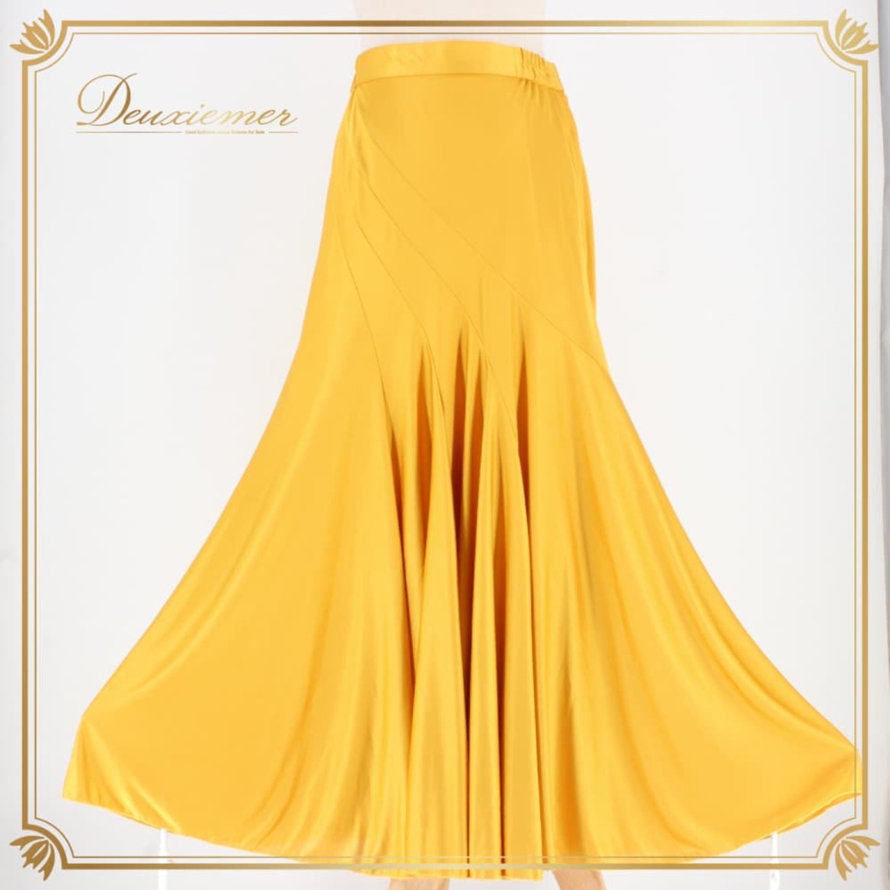 社交ダンス 衣装 スタンダード スカート レッスンウェア レディース マスタード イエロー系 からし色 練習着 無地 フォーマル シンプル 上品 マスタード系 プリーツ風 デザイン 練習用 レッスン用 ダンス衣装 発表会用 ステージ衣装 きれいめ 光沢感 滑らか素材 ポリエステル 裏地あり風 フレアスカート ふんわりスカート 後ろファスナー仕様 日本製