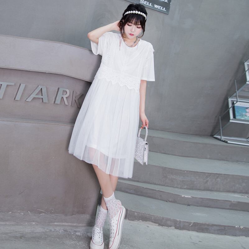 ラウンドネックレースFlowerデザイン ハイウェストウェストメッシュドレス サマー 大きめサイズ 夏物 Oネック フラワーデザイン ステッチ ミックスインファッション54698317159