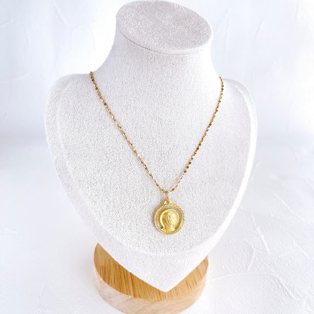 60cmロング 横顔マリア コイン形メダイ Goldスエッジチェーンネックレス✧サージカルステンレス