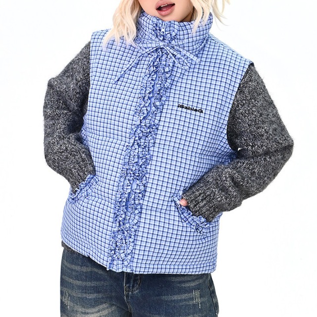 detachable blue checked ruffle blouson　取り外しブルーチェック柄フリルブルゾン　J1665
