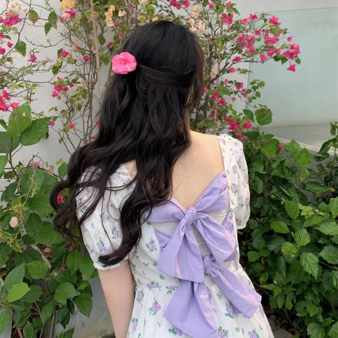 サマースタンダードホルターロングフローラルドレス 半袖スリーブレディース ショート リボン レトロ ハーフスリーブ 大人ガーリー スウィート キュート カジュアル 夏物 花柄 スクウェア ドラファッションホール16440618853