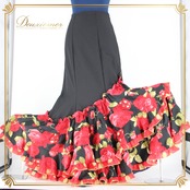 【美品 フラメンコ衣装】スカート ファルダ レッスンウェア CANELA PURA 黒 赤 ブラック レッド 花柄 派手 ボランテ フリル