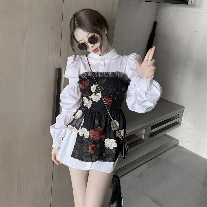 レトロなデザインの気質スーツの女性の夏の白い長袖シャツ2020新しいチューブトップファッションツーピーススーツ ブラックストロベリース71476374736