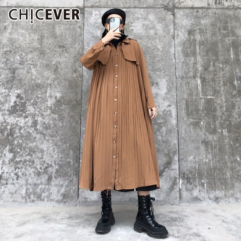 CHICEVERパッチワークプリーツレディースドレスラペルカラー長袖オーバーサイズルーズミディドレス2020春服 ロング スプリング 春物 6base552510139104