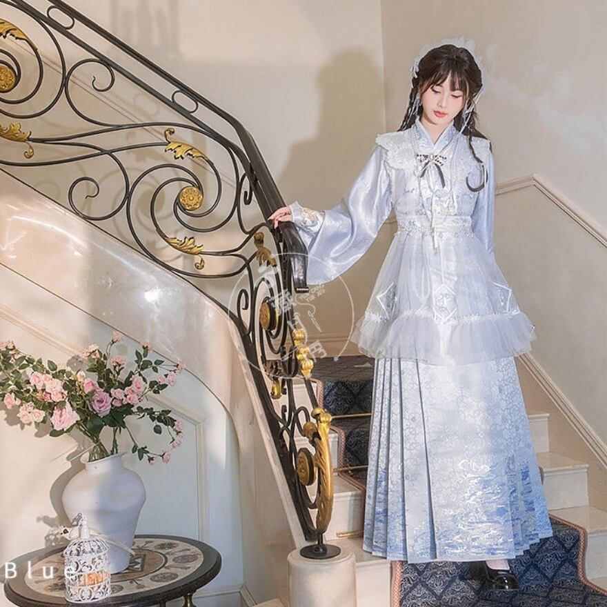 中華ロリータ 漢服4点セット ロングスカートタイプ（白×水色）お茶会