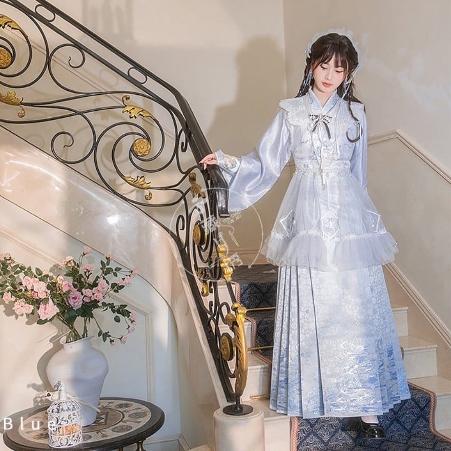 中華ロリータ 漢服4点セット ロングスカートタイプ(白×水色)お茶会・撮影会|SEASONZ