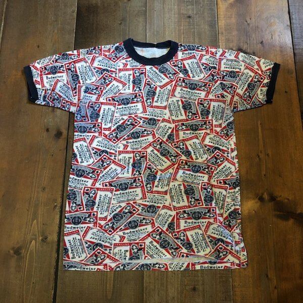 VINTAGE 1980年代 Budweiser 総柄 リンガー Tシャツ USED