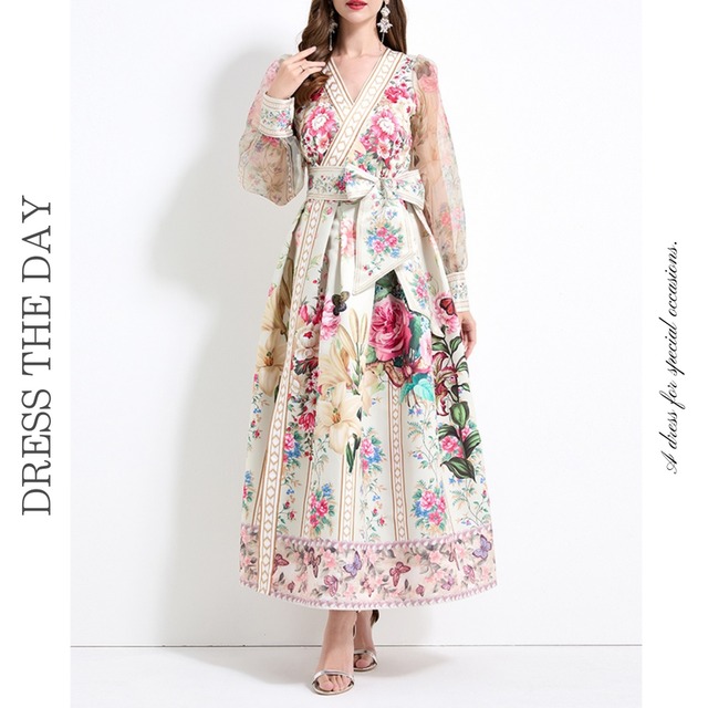 Vネックフラワーカシュクールドレス D0109