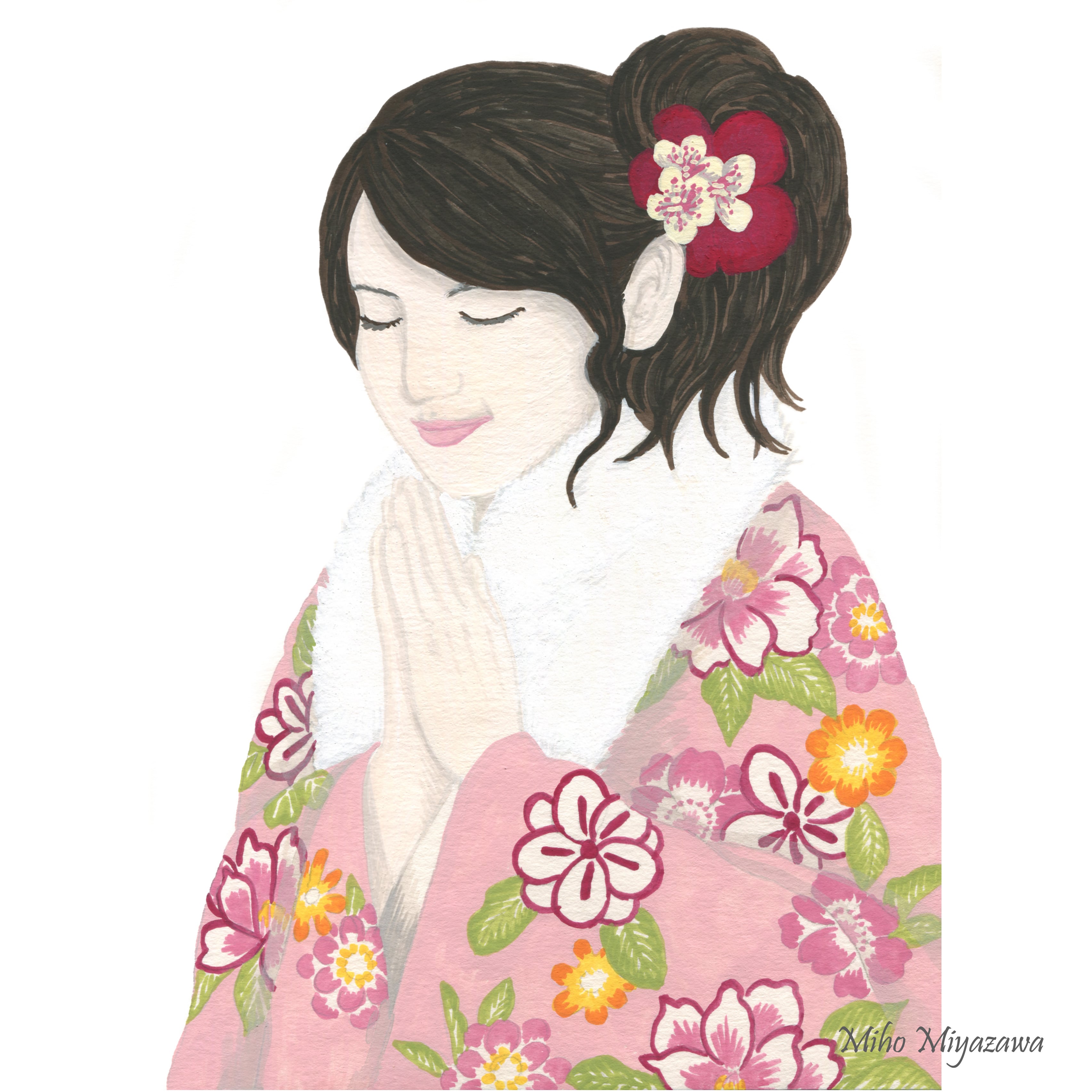 オリジナルイラスト原画：初詣着物 | 宮澤美穂 アートワークショップ