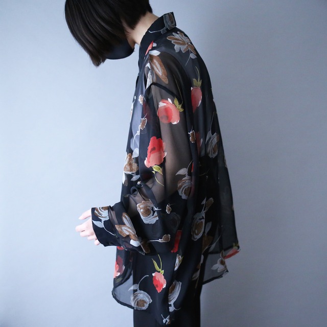 flower art pattern loose black see-through shirt