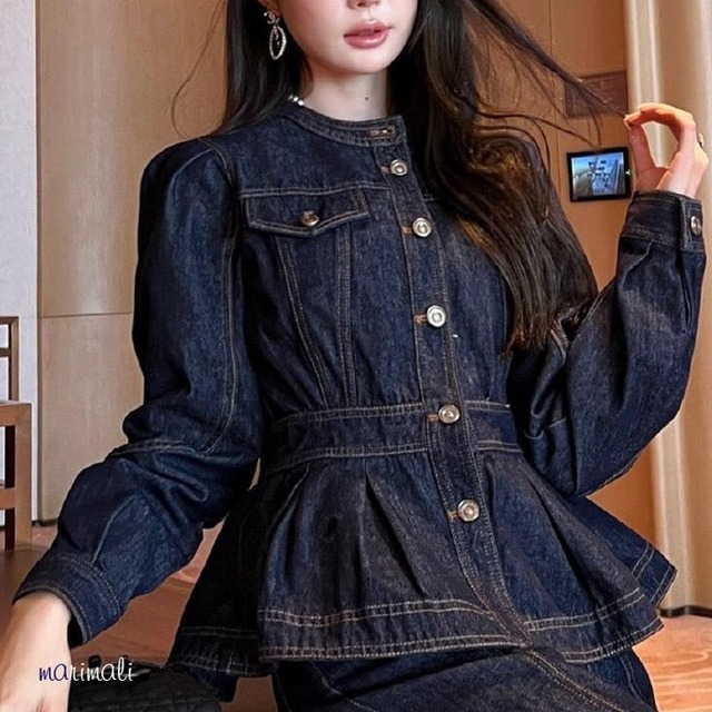 ノーカラー ペプラム デニム シャツ ジャケット 26018