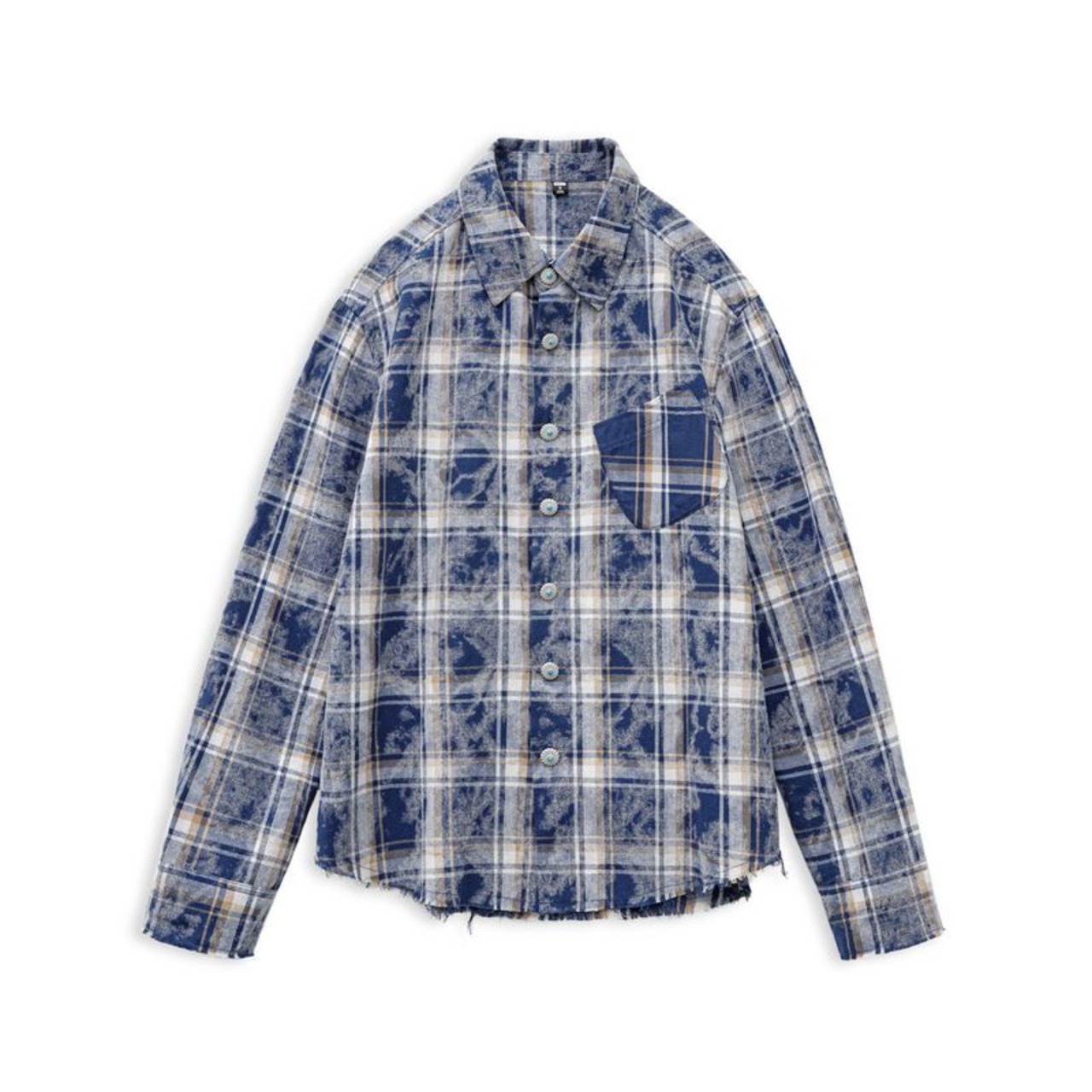 Flower Button Blue Plaid Shirt / フラワー ボタン ブルー チェック シャツ