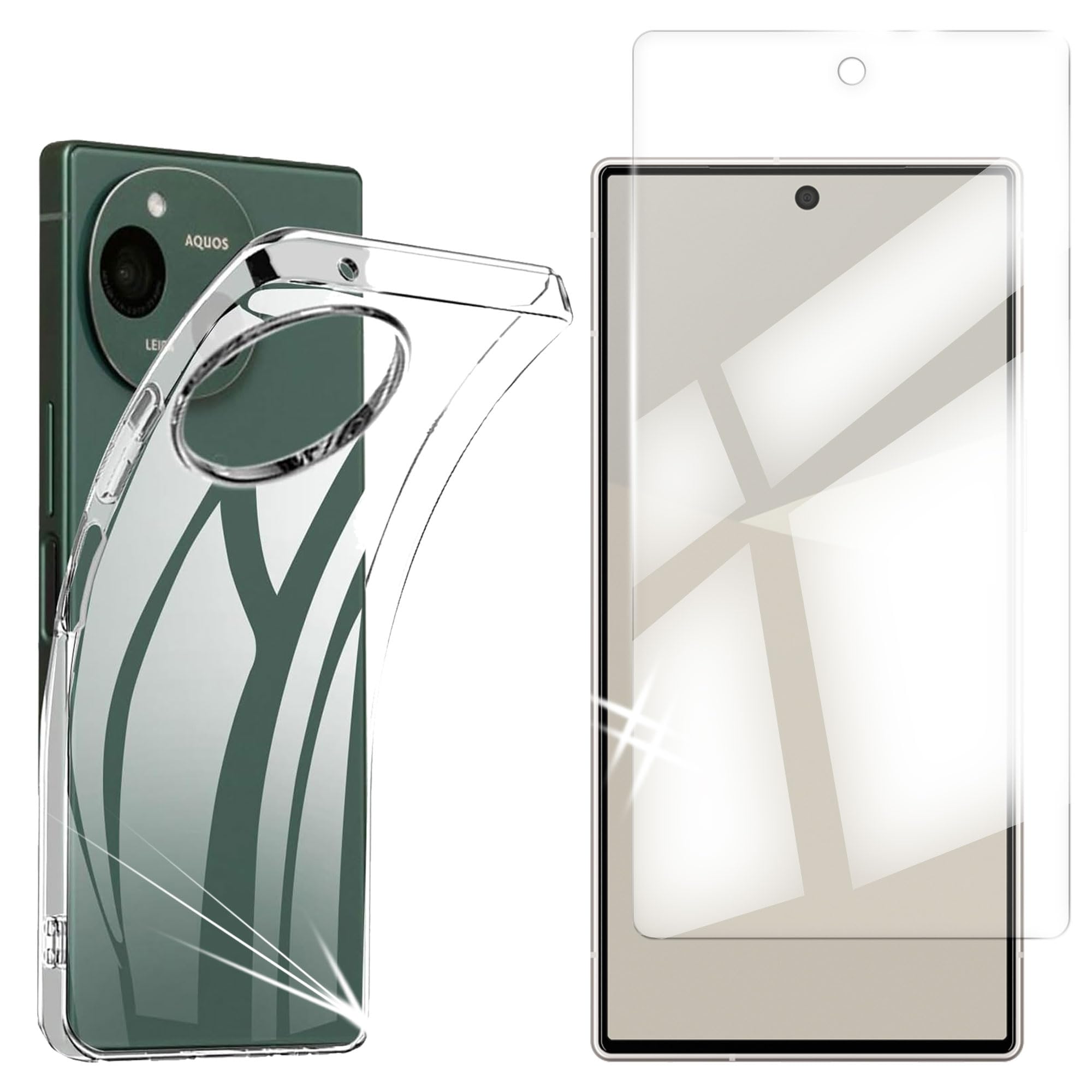 【1+1】 for Aquos R10 SH-51F / Aquos R9 / SH-51E ガラスフィルム+ケース クリア ガラスフィルム 柔軟 ギアクオスセンス 耐衝撃 ガラスフイルム保護付き 落下防止 専用保護 散熱加工 全透明 軽量 高透過率 気泡ゼロ 指紋防止 AQUOS R10