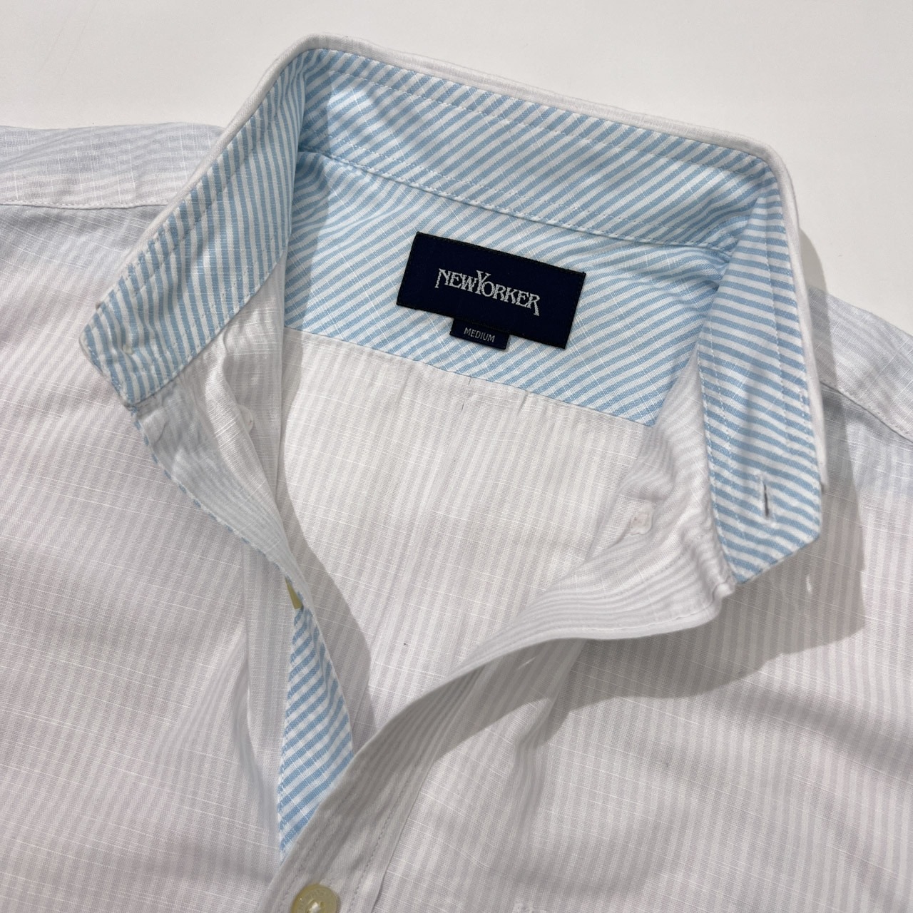 NEWYORKER ニューヨーカー ストライプ ボタンダウン 半袖シャツ M/ホワイト ライトパープル