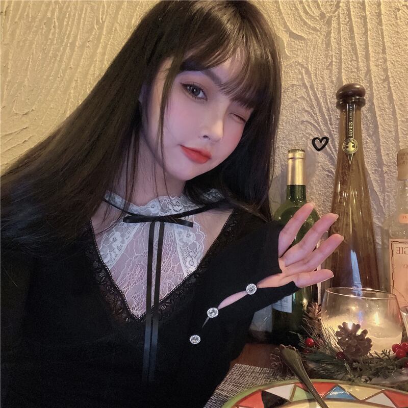 Tシャツ シャツ レーススプリングブラックトップス ロング 春物 ステッチ ブラックストロベリース97603723685