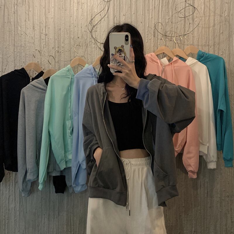 ルーズジッパーフードセーター スプリングレッドカジュアルショートジャケット 春物 スーパーモール86911855658