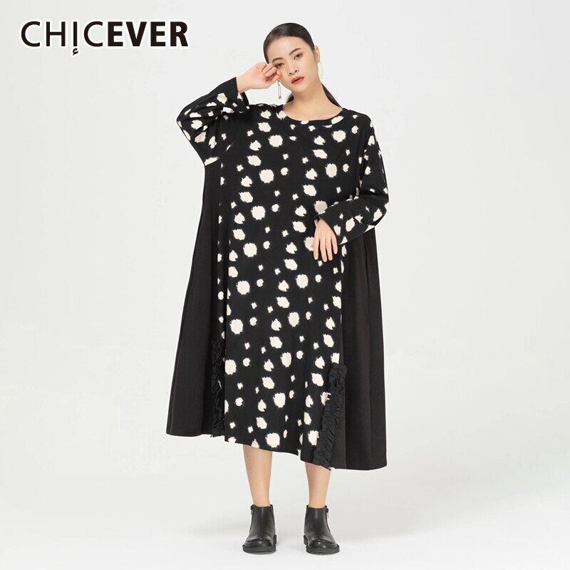 CHICEVERヴィンテージドレスレディースOネック長袖プリントヒットカラーオーバーサイズルーズストレートミッドドレス2021秋の服 ロング ビンテージ 6base595741438372